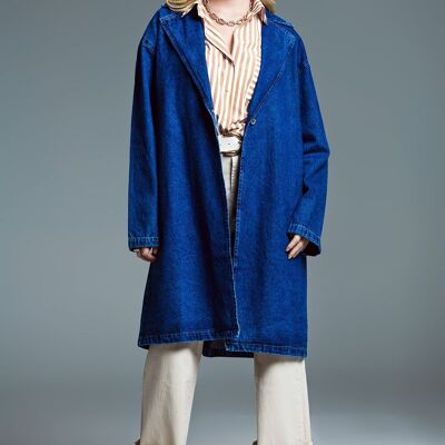 Oversized Denim Coat With Wide Collar in Mid Wash