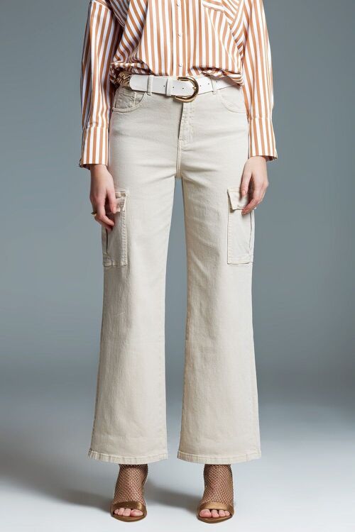 Straight Leg Cargo Jeans in Beige