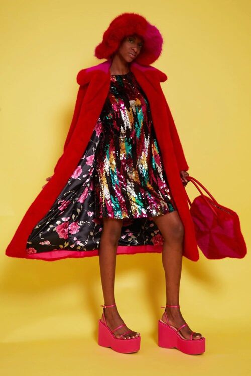 Bamboo Faux Fur Red Midi Coat with Pink Collar