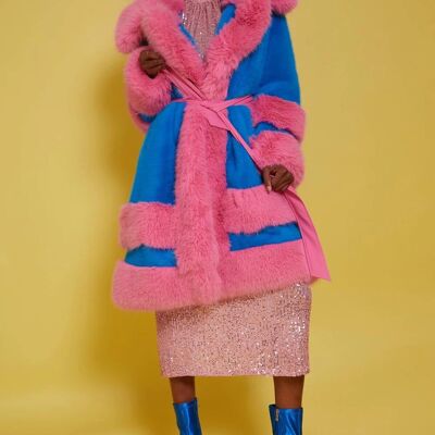 Handmade Bamboo Pink - Blue Faux Fur Coat
