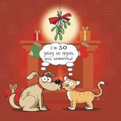 Bedauernde Katze und Hund – lustige Weihnachtskarte