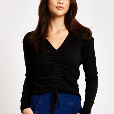 Liquorish V-Neck Top with Ruching Detail in Black