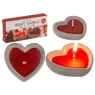 Red candle in a cement pot, heart shape,