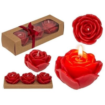 Red candle, rose, set of 3,
