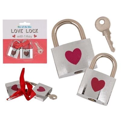 Silver colored love lock with red heart,