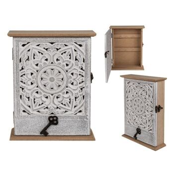 Boîte à clés en bois avec porte & décor floral blanc, 1