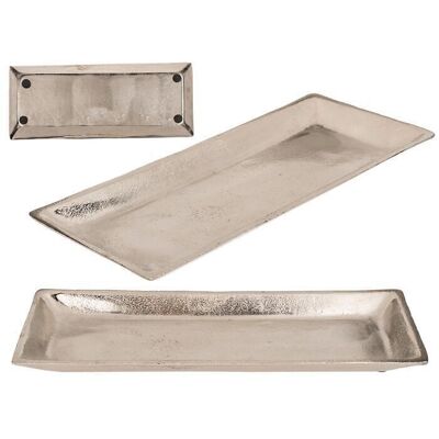 Bandeja rectangular de metal color plata,