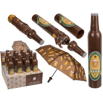 pocket umbrella, beer bottle,