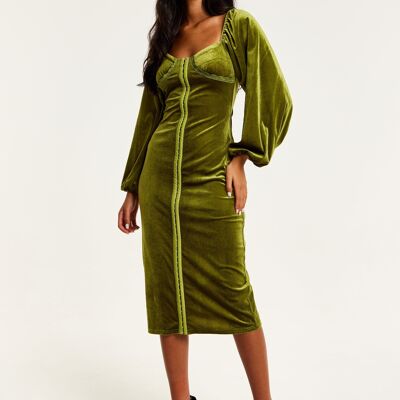 Vestido midi de terciopelo verde con detalle de corsé de Liquorish