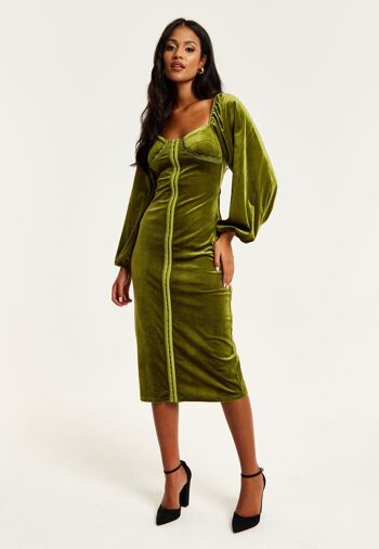 Liquorish - Robe mi-longue en velours vert avec détail corset 1