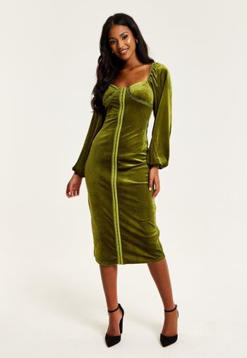 Liquorish - Robe mi-longue en velours vert avec détail corset 2