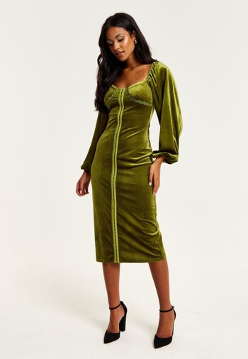 Liquorish - Robe mi-longue en velours vert avec détail corset 3