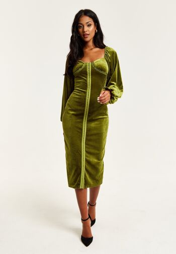 Liquorish - Robe mi-longue en velours vert avec détail corset 4