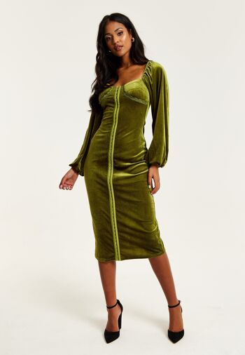 Liquorish - Robe mi-longue en velours vert avec détail corset 5