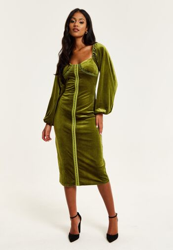 Liquorish - Robe mi-longue en velours vert avec détail corset 6
