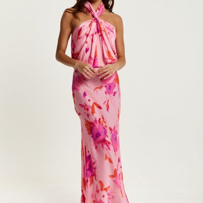 Liquorish Halter Maxi Floral Print Dress In Pink