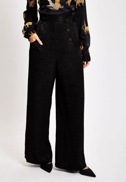 Liquorish Black Animal Print Wide Leg Trousers