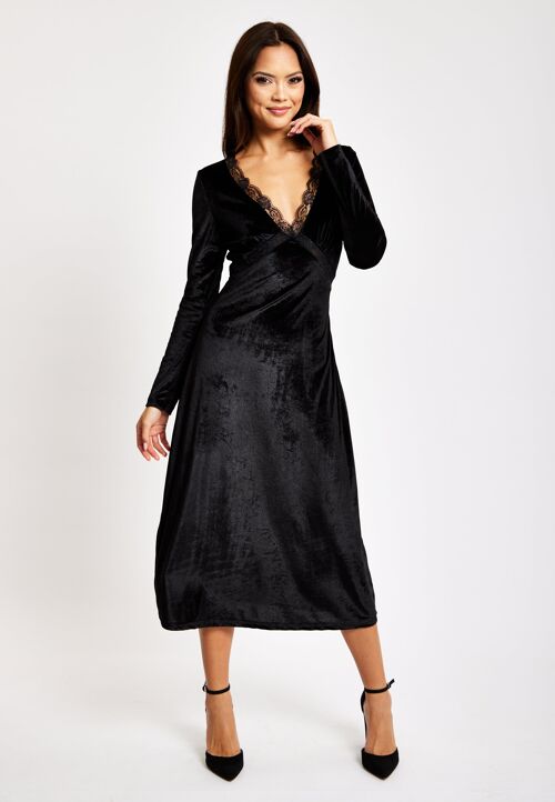 Liquorish Black Velvet Midi Dress With Lace Details