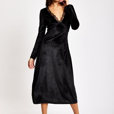 Liquorish Black Velvet Midi Dress With Lace Details