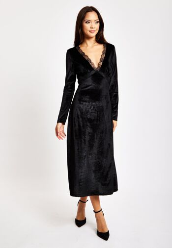 Liquorish - Robe mi-longue en velours noir avec détails en dentelle 2