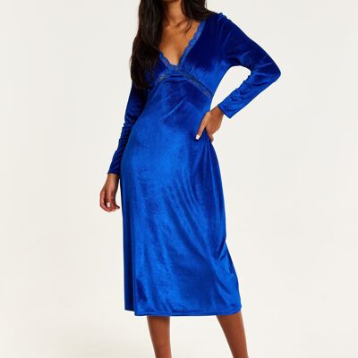 Liquorish - Robe mi-longue en velours bleu royal avec détails en dentelle