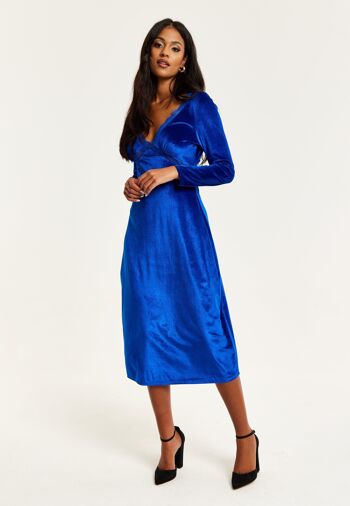 Liquorish - Robe mi-longue en velours bleu royal avec détails en dentelle 6