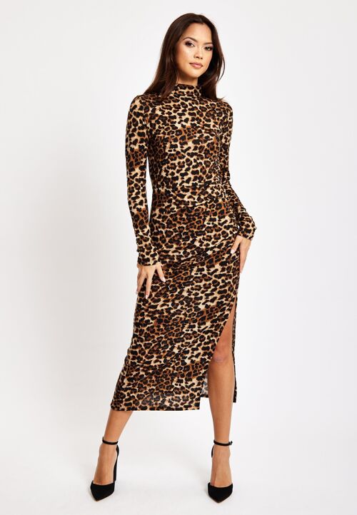 Liquorish Brushed Knit Leopard Print Midi Dress With Front Slit