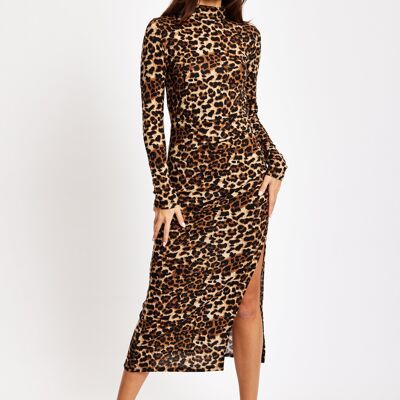 Liquorish - Robe mi-longue en maille brossée à imprimé léopard avec fente sur le devant
