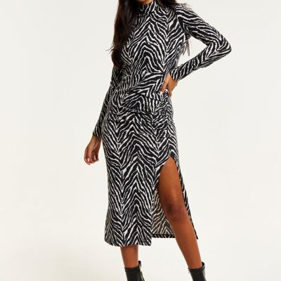 Liquorish Brushed Knit Mono Zebra Print Midi Dress With Front Slit