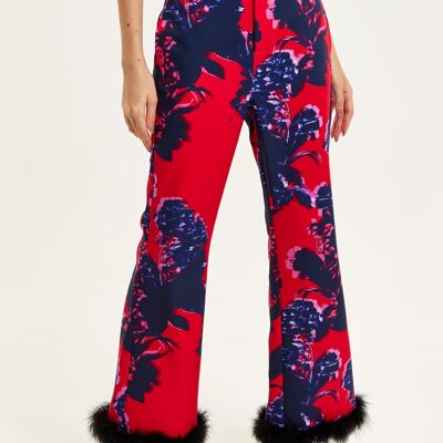 Liquorish Floral Print Red Tailored Trousers With Fluffy Trim In Black