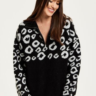 Liquorish Black And White Jacquard Animal Pattern Jumper With Zip Front