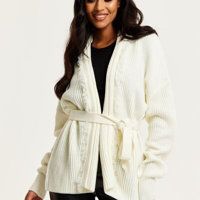 Liquorish Open Front Cream Cardigan With Fringe Details