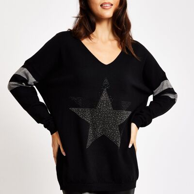 Schwarzer Pullover von Divine Grace mit glitzernden Sternen und Streifen