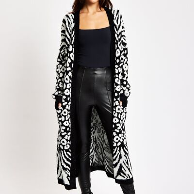 Liquorish Mono Zebra And Animal Pattern Longline Cardigan