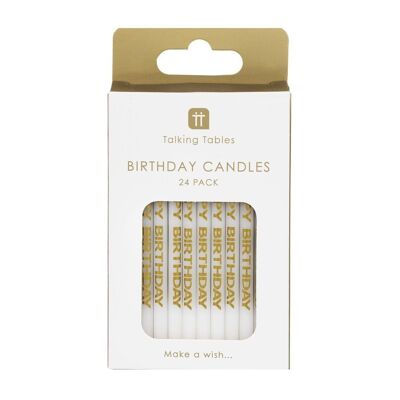 Candele "Happy Birthday" bianche e dorate - Confezione da 24
