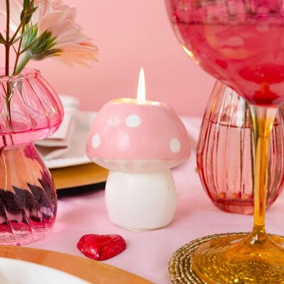Large Pink Toadstool Mushroom Candle, Spring Decor