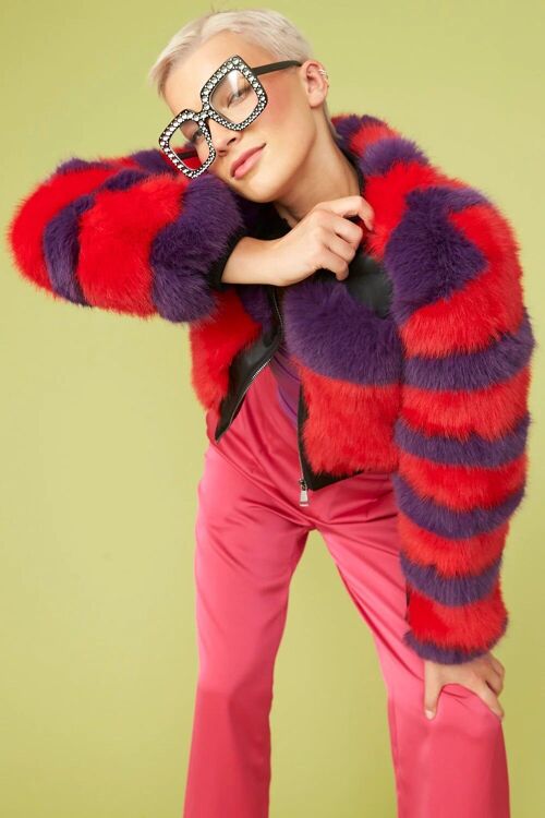 Red - Purple Faux Fur Stripe Bomber Jacket