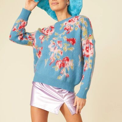 Pull bleu fleuri en mélange de peau de banane