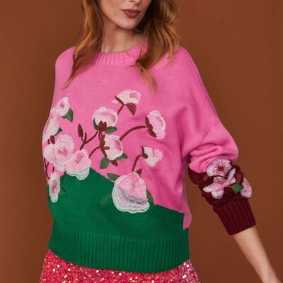 Pull fleuri en peau de banane en rose