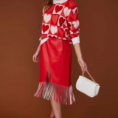 Maglione in cashmere rosso - crema con motivo Love Heart