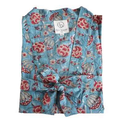 “Azul” floral print cotton kimono