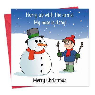 Cartolina di Natale divertente con pupazzo di neve che prude al naso