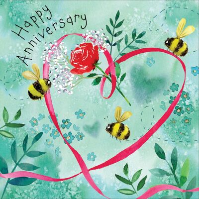 Tarjeta de feliz aniversario con corazón y abejas