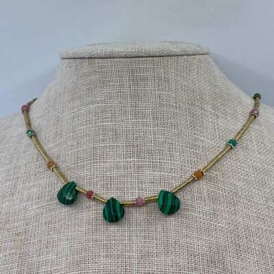Drop-cut natural stone beaded steel necklace