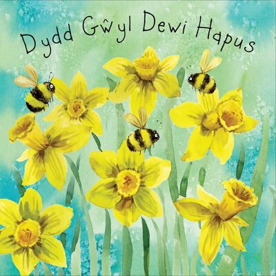 Tarjeta Dydd Gŵyl Dewi Hapus con narcisos