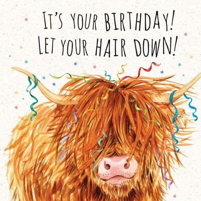 Lustige Geburtstagskarte „Highland Cow Let Your Hair Down“.