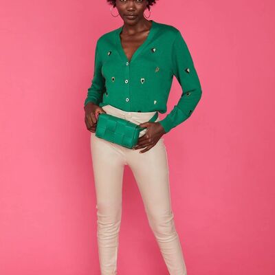 Cardigan verde con cuore d'amore in cashmere e buccia di banana