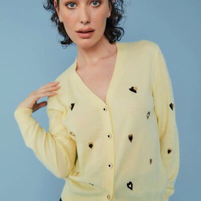 Cardigan con cuore d'amore in cashmere giallo e buccia di banana