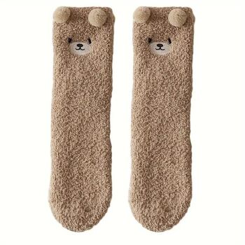 Paire de Chaussettes Cocooning Ourson en Peluche : Douceur et style à vos pieds - Taille Unique - Beige 1