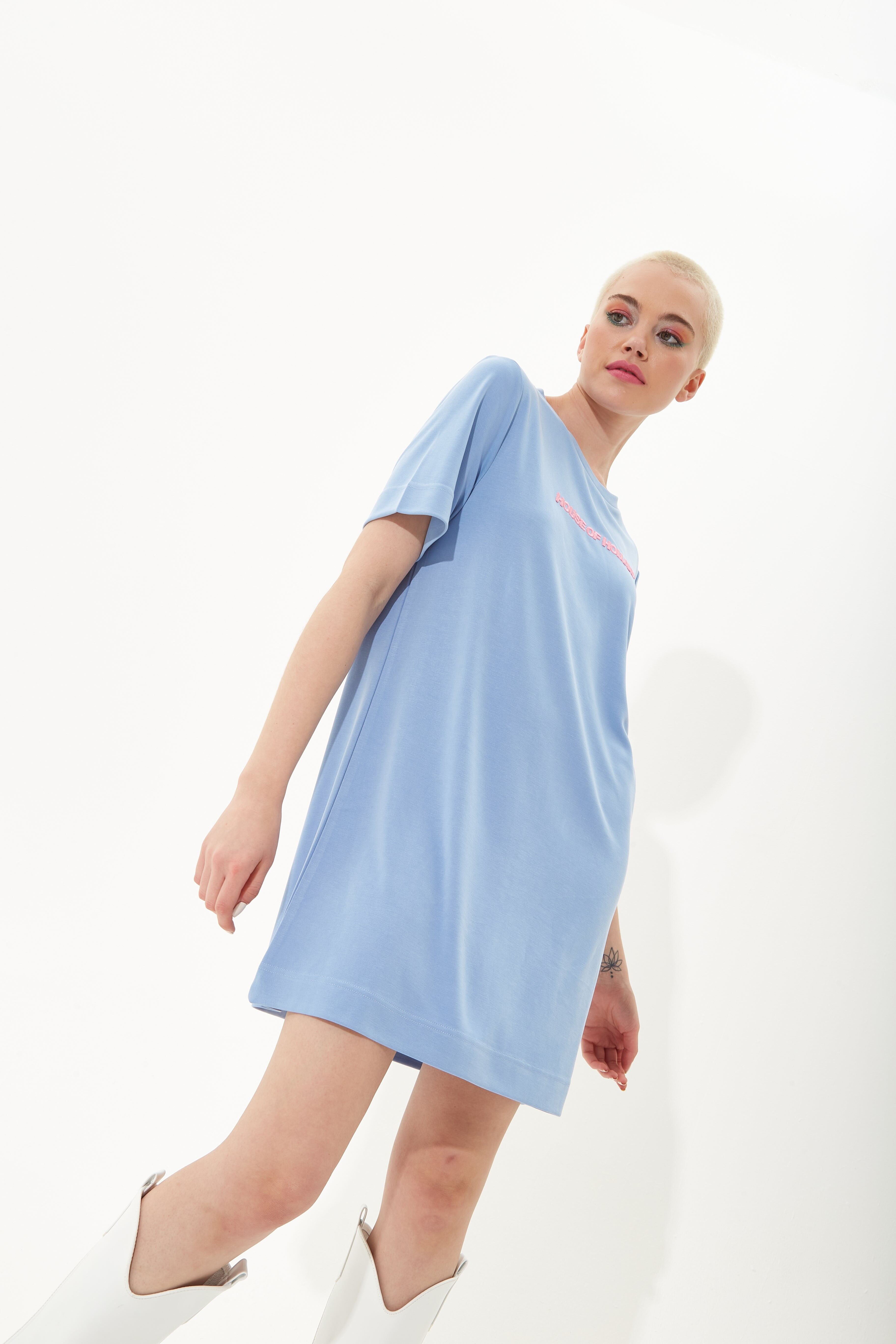 ABITO T-SHIRT IN TENCEL BLU HOUSE OF HOLLAND CON RICAMO LOGO